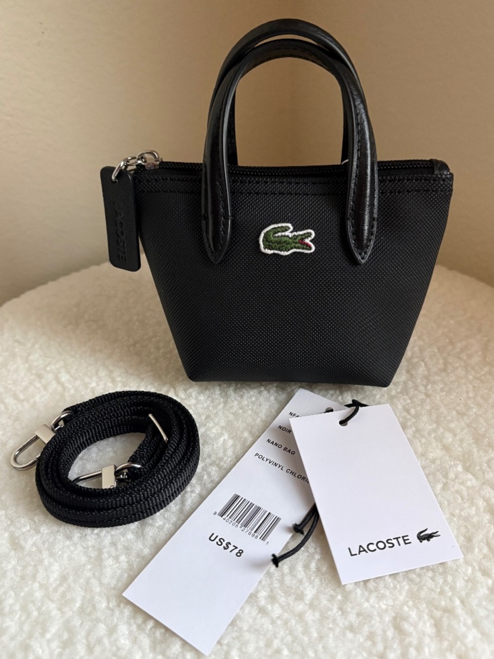 Lacoste L.12.12 Detachable Shoulder Strap Bag in black (micro mini size)